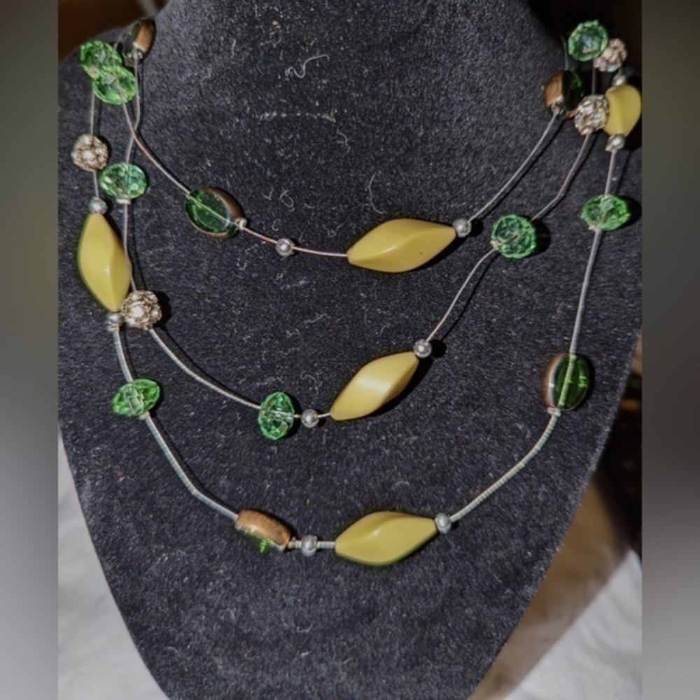 Green and rhinestone beaded multi strand necklace